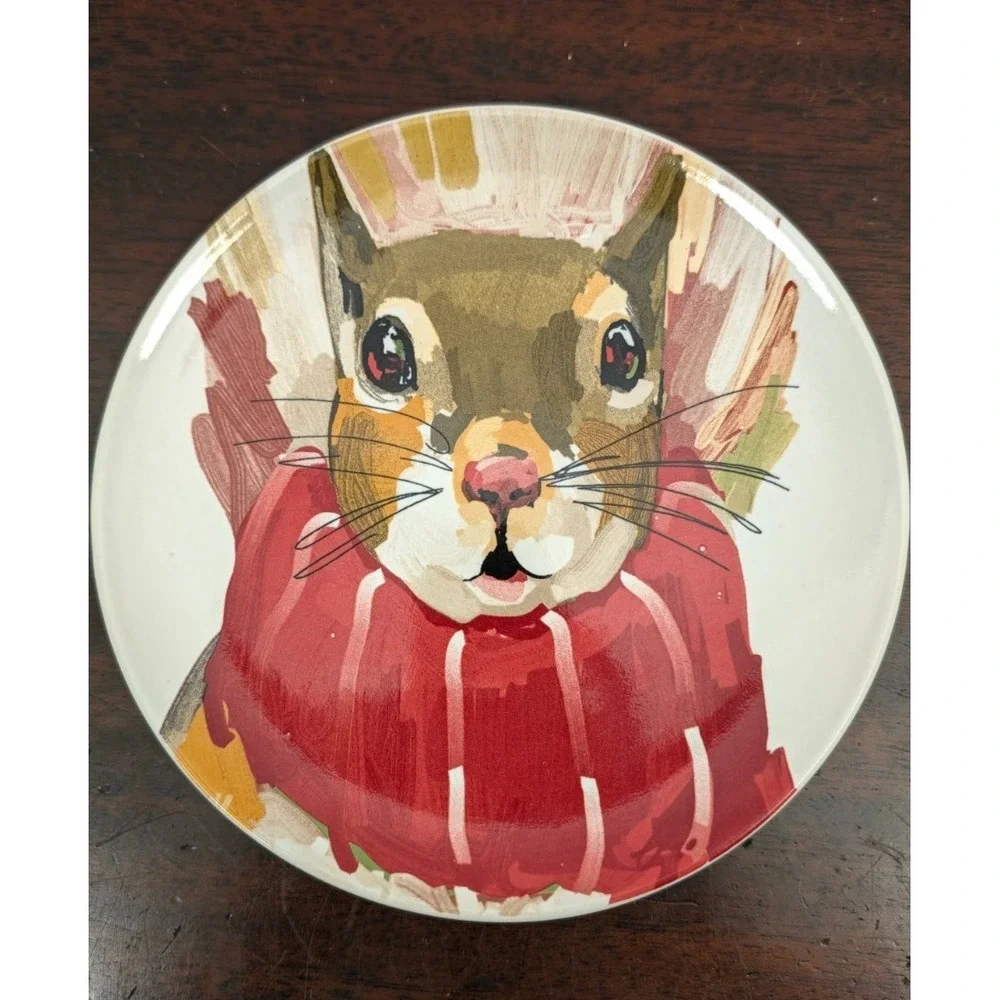 Magenta Christmas Woodland Animal Plates Set of 4 Raccoon Fox Moose Squirrel 7